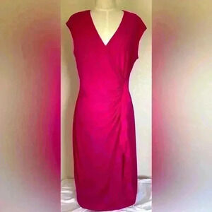 American Living Faux Wrap Knit Sheath Dress Fushia Ruched Sleeveless Party